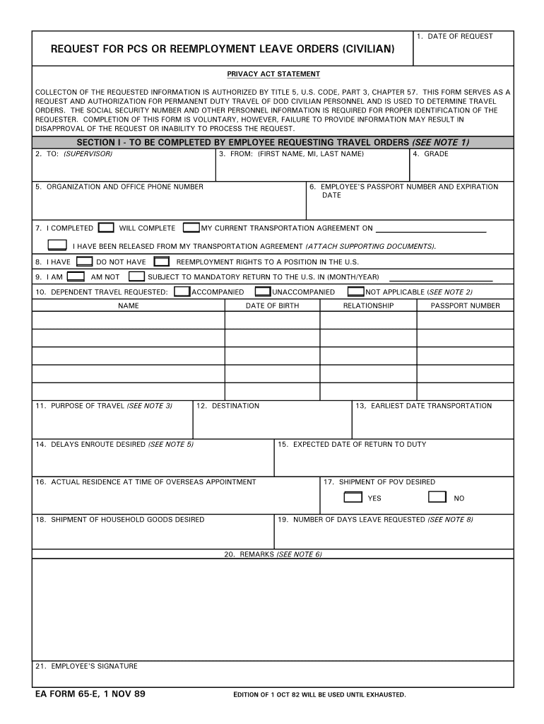 Request for Pcs or Reemployment Leave Orders  Form