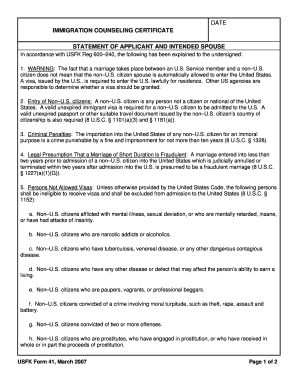 DATE IMMIGRATION COUNSELING CERTIFICATE STATEMENT of APPLICANT and INTENDED SPOUSE in Accordance with USFK Reg 600 240, the Foll  Form