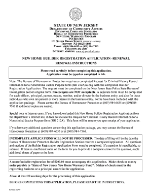 Nj New Home Builder Registration Renewal Application  Form