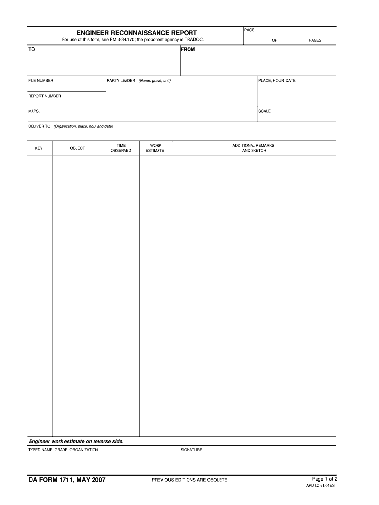  ENGINEER RECONNAISSANCE REPORT DA FORM 1711, MAY  Armypubs Army 2007