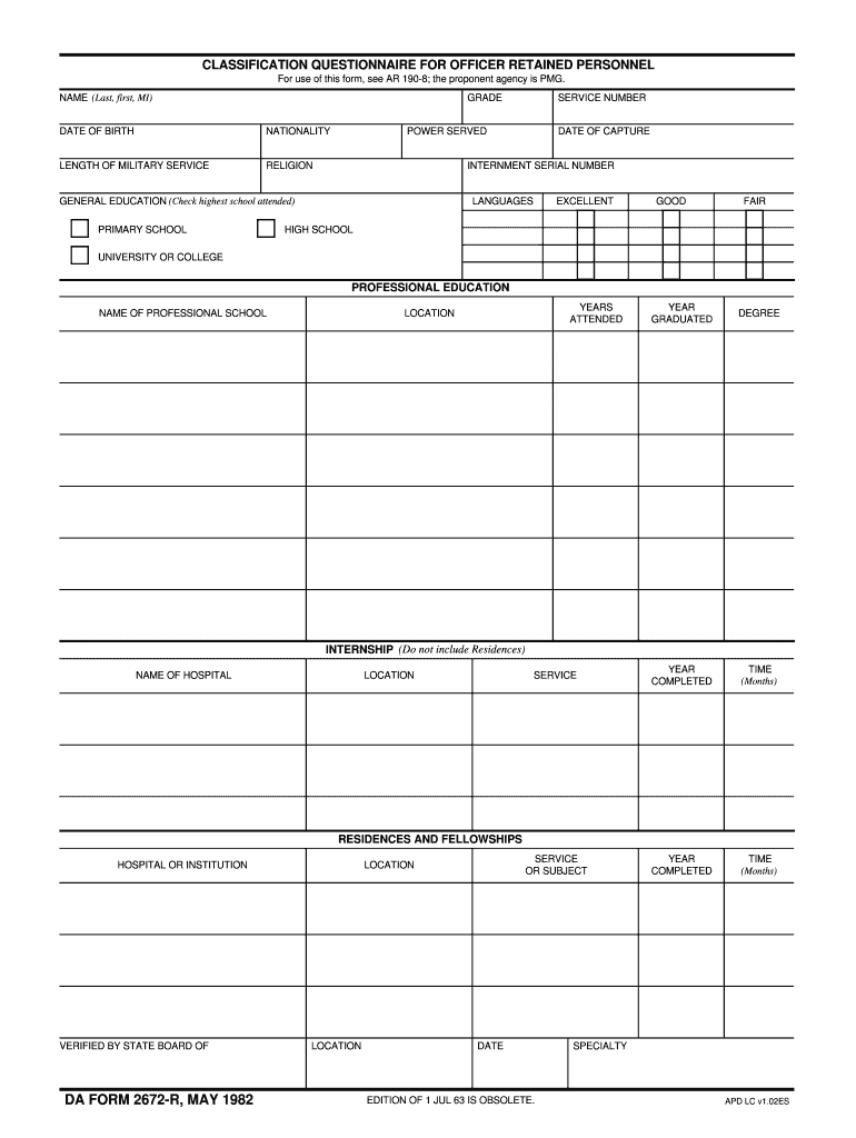 CLASSIFICATION QUESTIONNAIRE for OFFICER RETAINED PERSONNEL DA FORM 2672 R, MAY 1982