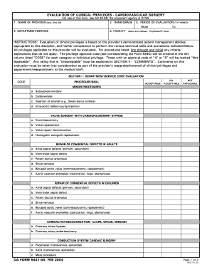 EVALUATION of CLINICAL PRIVILEGES CARDIOVASCULAR SURGERY for Use of This Form, See AR 40 68 Armypubs Army