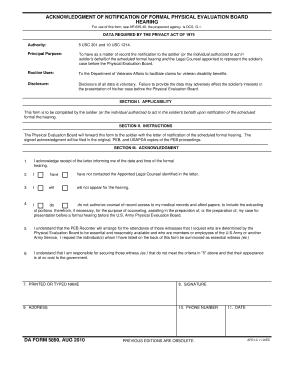 ACKNOWLEDGMENT of NOTIFICATION of FORMAL PHYSICAL EVALUATION BOARD HEARING DA FORM 5890, AUG Armypubs Army