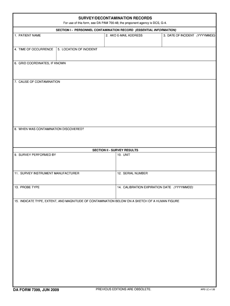 SURVEYDECONTAMINATION RECORDS DA FORM 7399, JUN