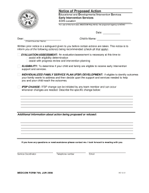 Notice of Proposed Action Educational and Developmental Intervention Services Early Intervention Services EDIS Location for Use   Form