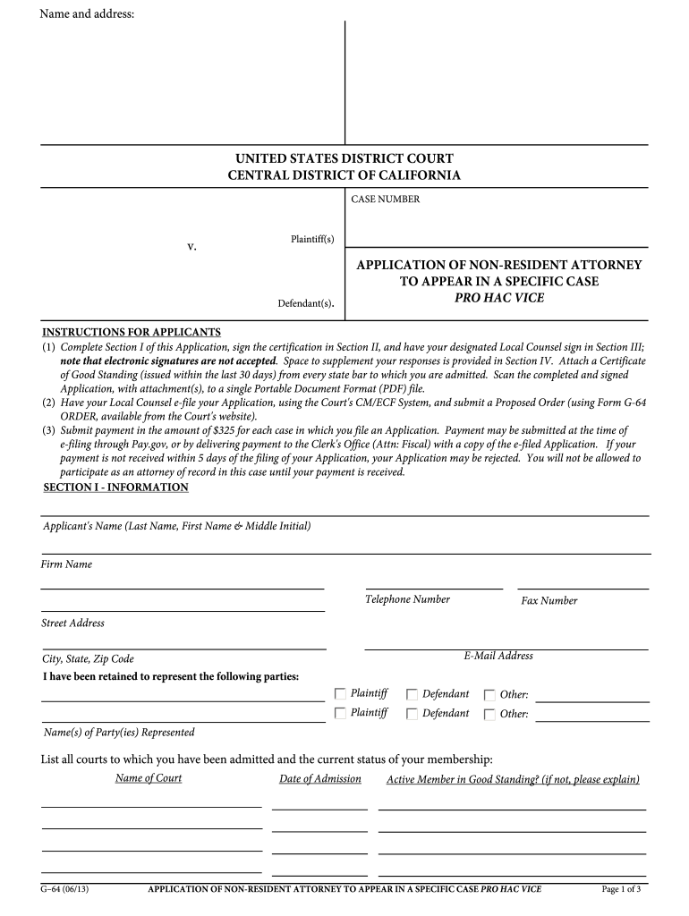  Form G64 Pro Hac Vice Central District 2011