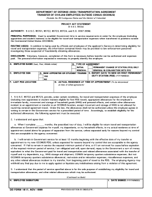 DEPARTMENT of DEFENSE DOD TRANSPORTATION AGREEMENT TRANSFER of CIVILIAN EMPLOYEES OUTSIDE CONUS OCONUS Outside the 48 Contiguous  Form