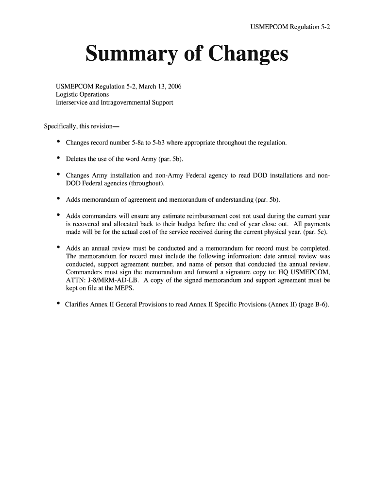 USMEPCOM Regulation 5 2 Summary of Changes USMEPCOM Regulation 5 2, March 13, Logistic Operations Interservice and Intragovernme  Form