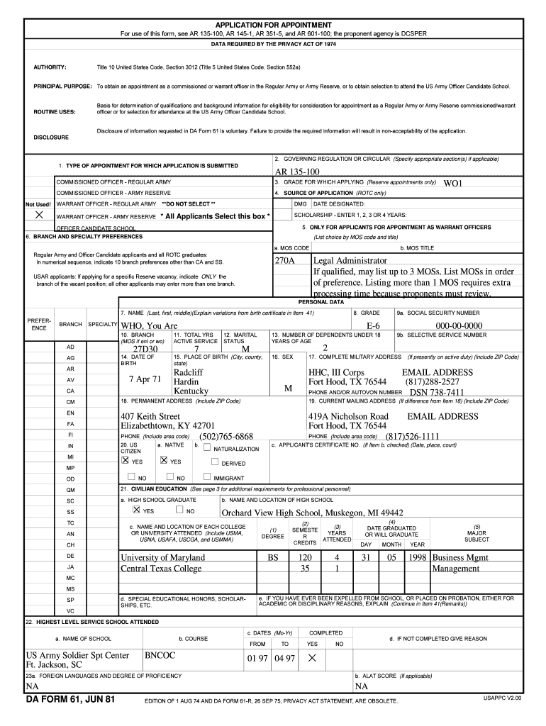Sample Application and Guide Warrant Officer Application Usarec Army  Form