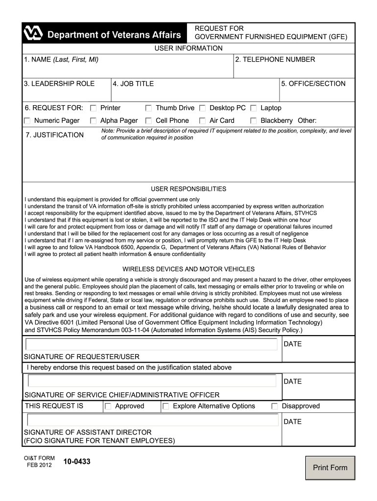  Va Form 10 0433 2012-2024