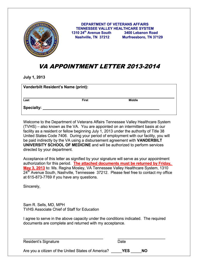  VA Appointment Letter Vanderbilt VA Appointment Letter for Vanderbilt Tennesseevalley Va 2013