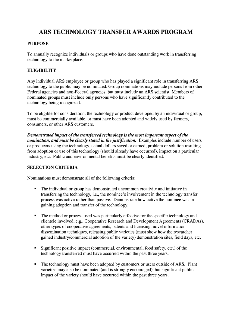 ARS TECHNOLOGY TRANSFER AWARDS PROGRAM Afm Ars Usda  Form