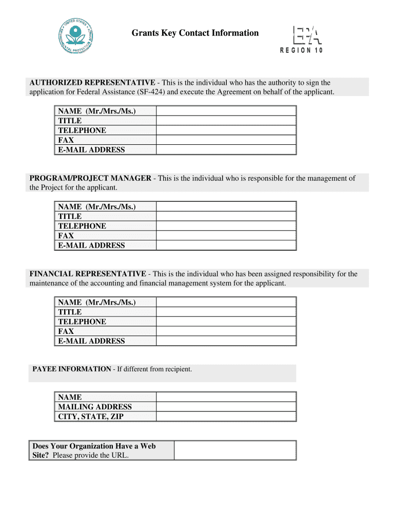 Grants Key Contact Information Form EPA Region 10 Yosemite Epa