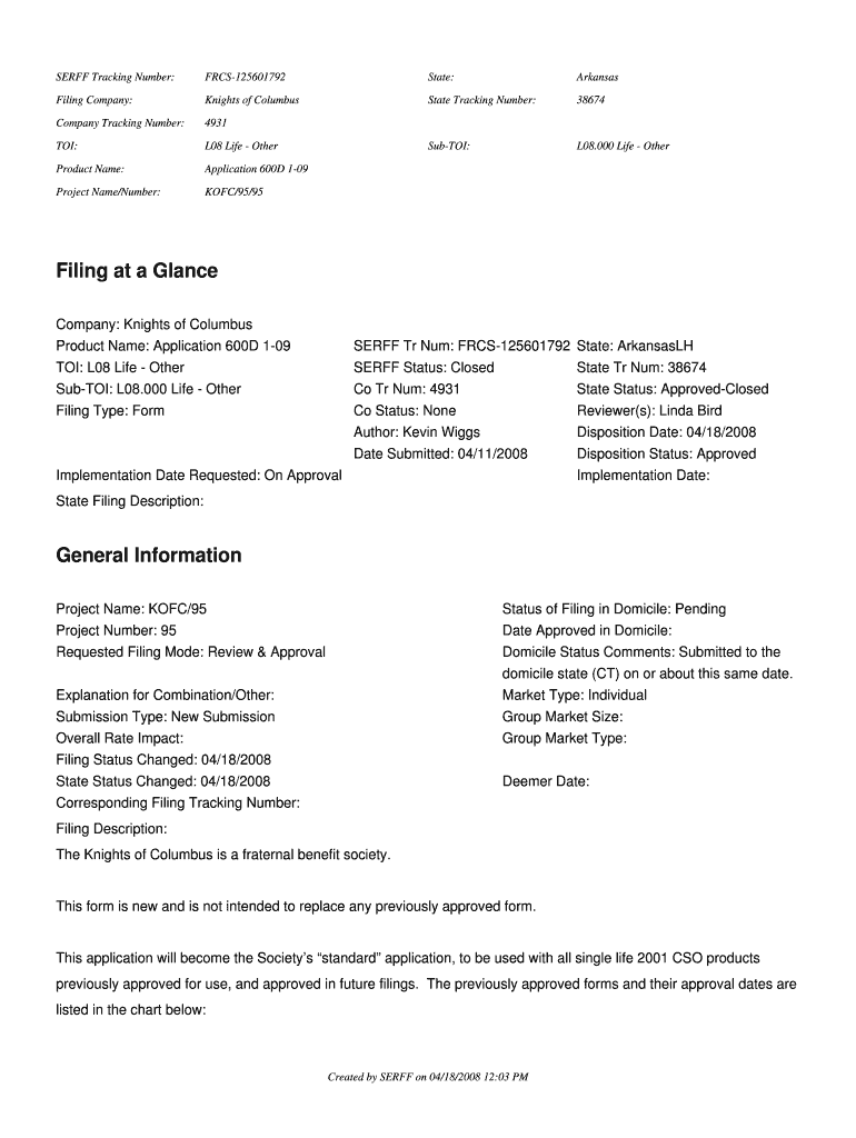 Filing FRCS 125601792 Insurance Arkansas  Form