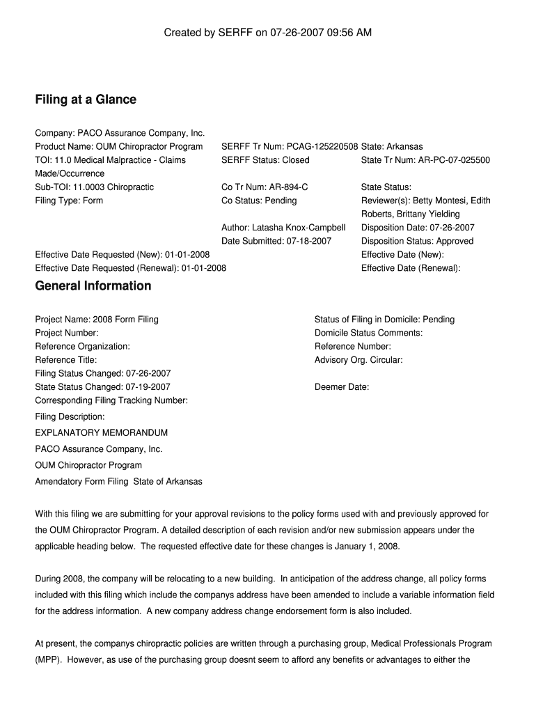 Filing PCAG 125220508 Insurance Arkansas  Form