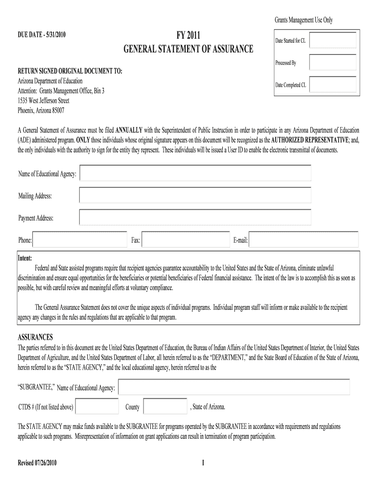 FY GENERAL STATEMENT of ASSURANCE Arizona  Form