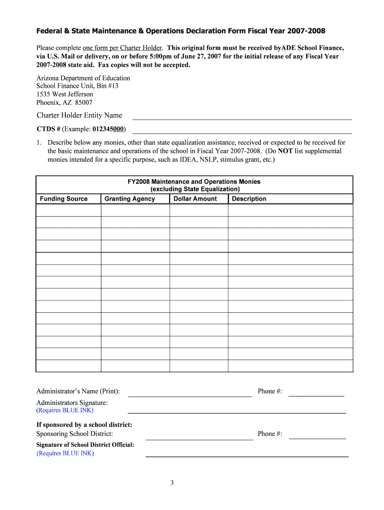 Print Form ARIZONA DEPARTMENT of EDUCATION Tom Horne School Finance 1535 West Jefferson Phoenix, AZ 85007 602 542 5695 602 542 3