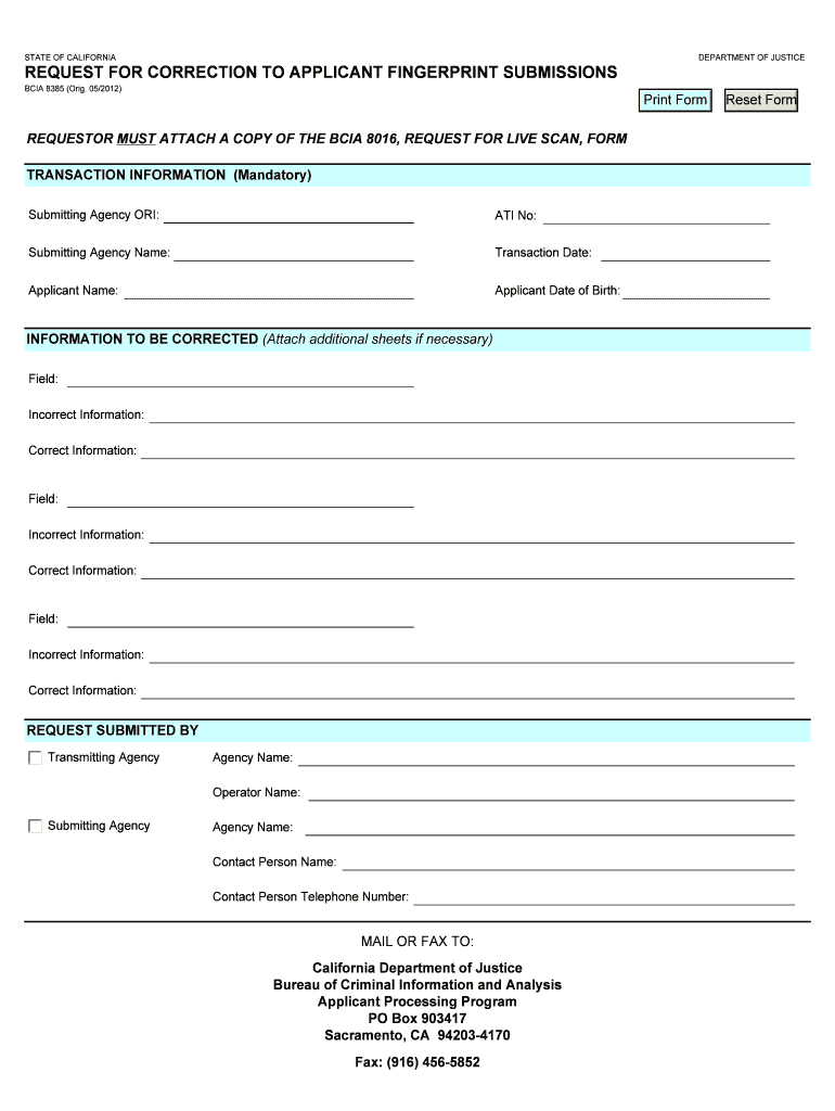 Request for Correction to Applicant Fingerprint Submission  Form