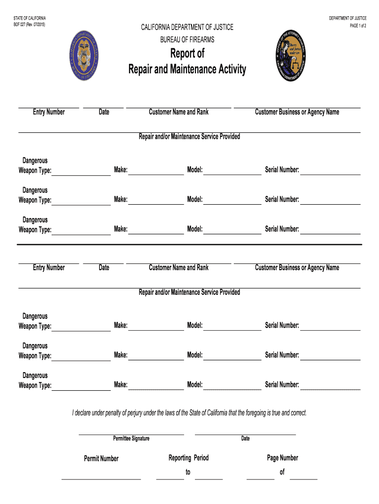 BOF 027 Report of Repair and Maintenance Activity  Form