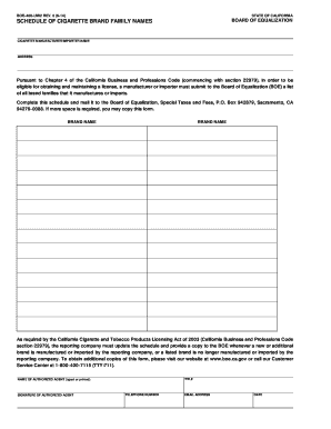 Schedule of Cigarette Brand Family Names Board of Equalization  Form