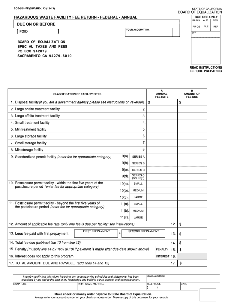 Hazardous Waste Facility Fee Return Federal Annual BOE 501 FF  Form