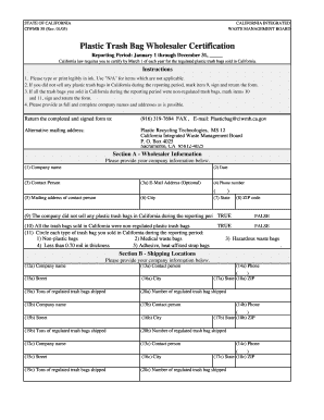 Plastic Trashbag Wholesaler Certification, CIWMB 58 Form Used by Wholesalers of Plastic Trashbags to Report Each Year to the Cal