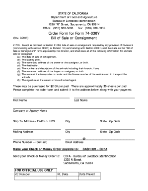 State of California Cattle Bill of Sales or Consignment  Form