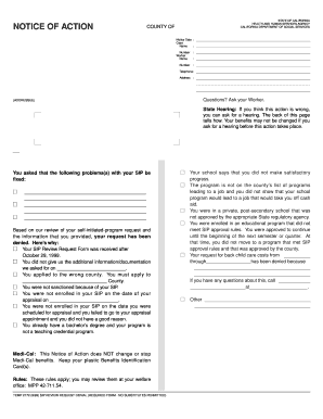 NOTICE of ACTION COUNTY of Notice Date Case Name Number Worker Name Number STATE of CALIFORNIA HEALTH and HUMAN SERVICES AGENCY   Form