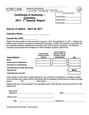 California Cemetery &amp; Funeral Bureau COA Quarterly Report  Form