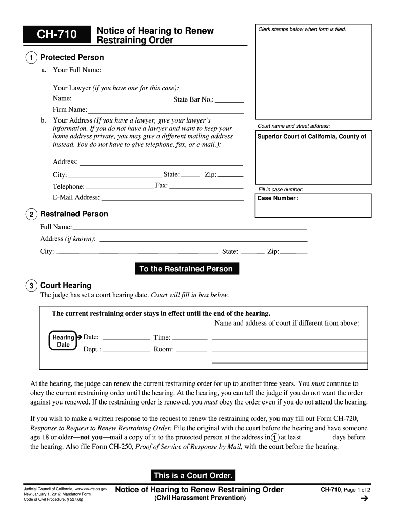  CH 710 Notice of Hearing to Renew Restraining Order Judicial Council Forms Courts Ca 2012