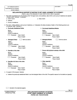 FL 273 Declaration in Support of Motion to Set Aside Judgment of Paternity Family Law Governmental Judicial Council Forms