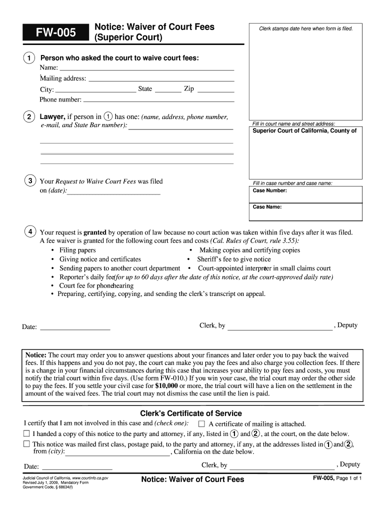  FW 005 Notice of Waiver of Court Fees and Costs Judicial Council Forms Courts Ca 2009