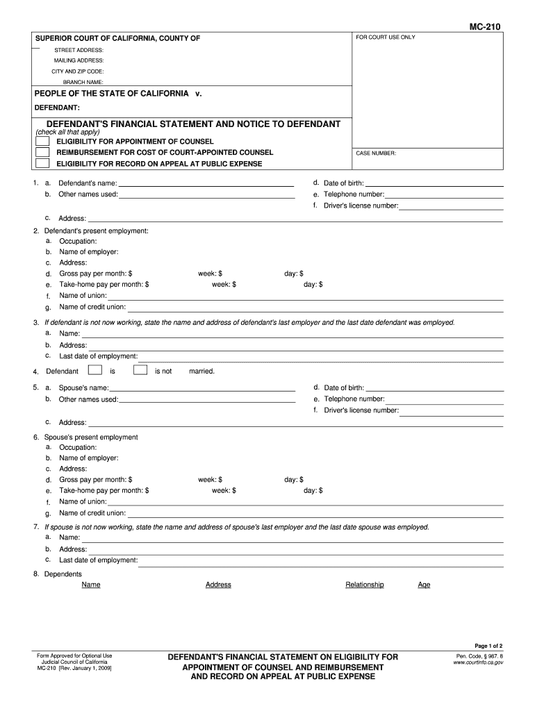 Mc 210 Defendant's Financial Statement  Form