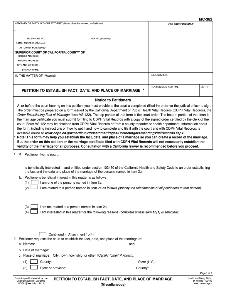  Petition to to Establish Fact Date and Place of Marriage Form 2012