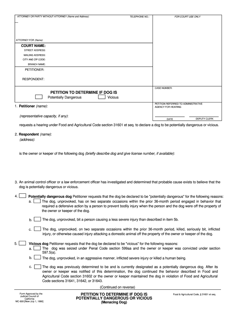  How File Petition Menacing Dog California Form 1990