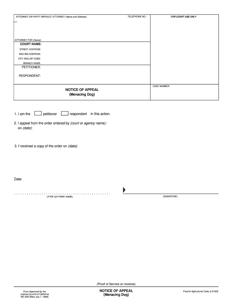  Notice of Appeal Menacing Dog Form 1990