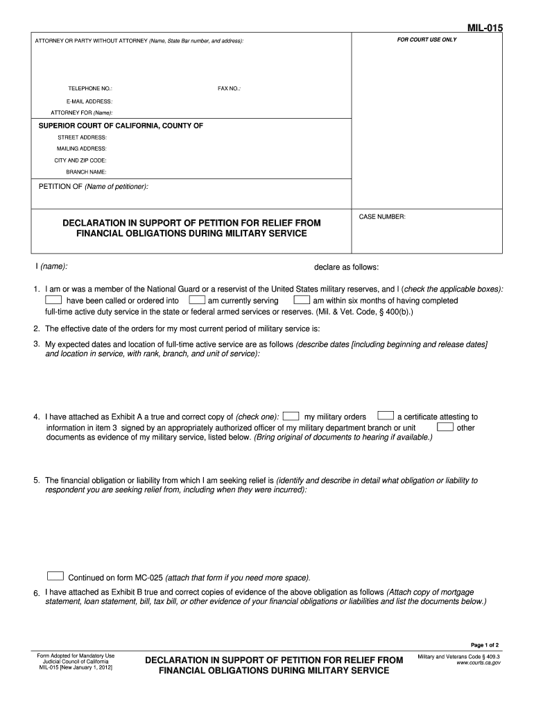 MIL 015 Declaration in Support of Petition for Relief from Financial Courts Ca  Form