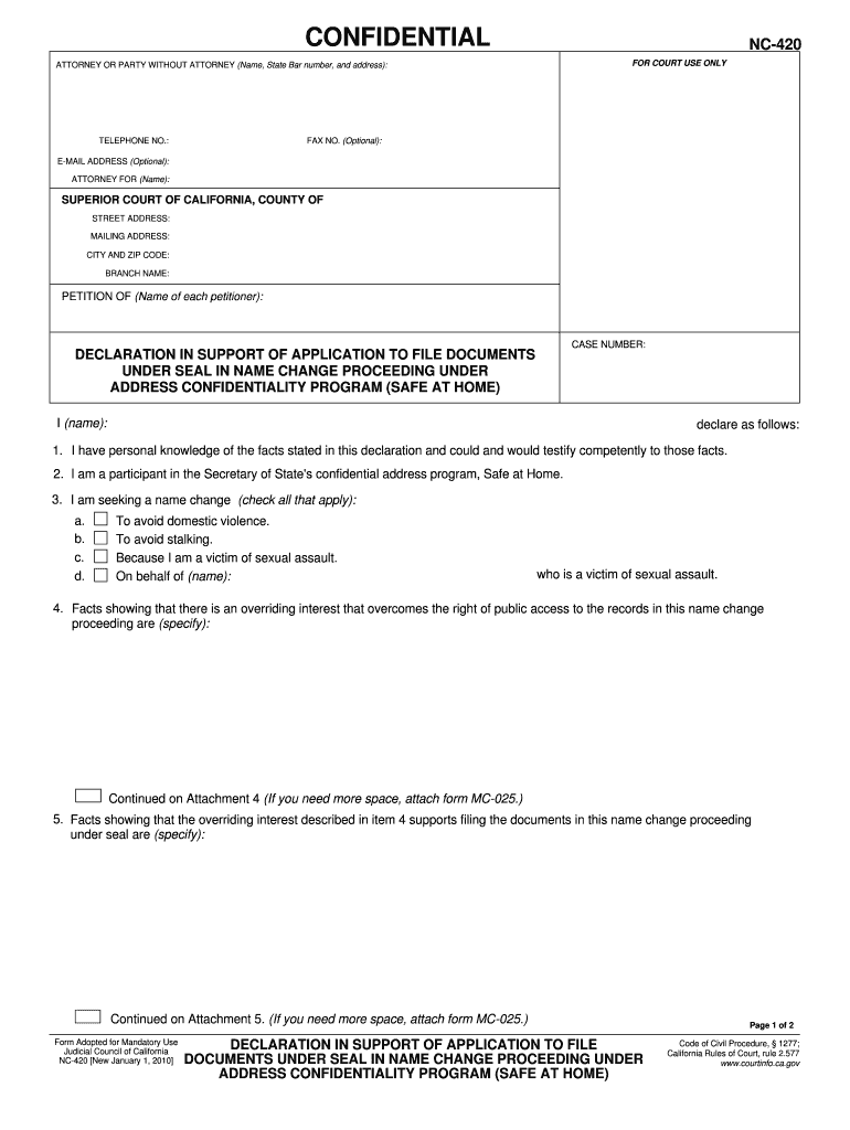  NC 420 Declaration in Support of Application to File Documents under Seal in Name Change Proceeding under Address Confidentialit 2010