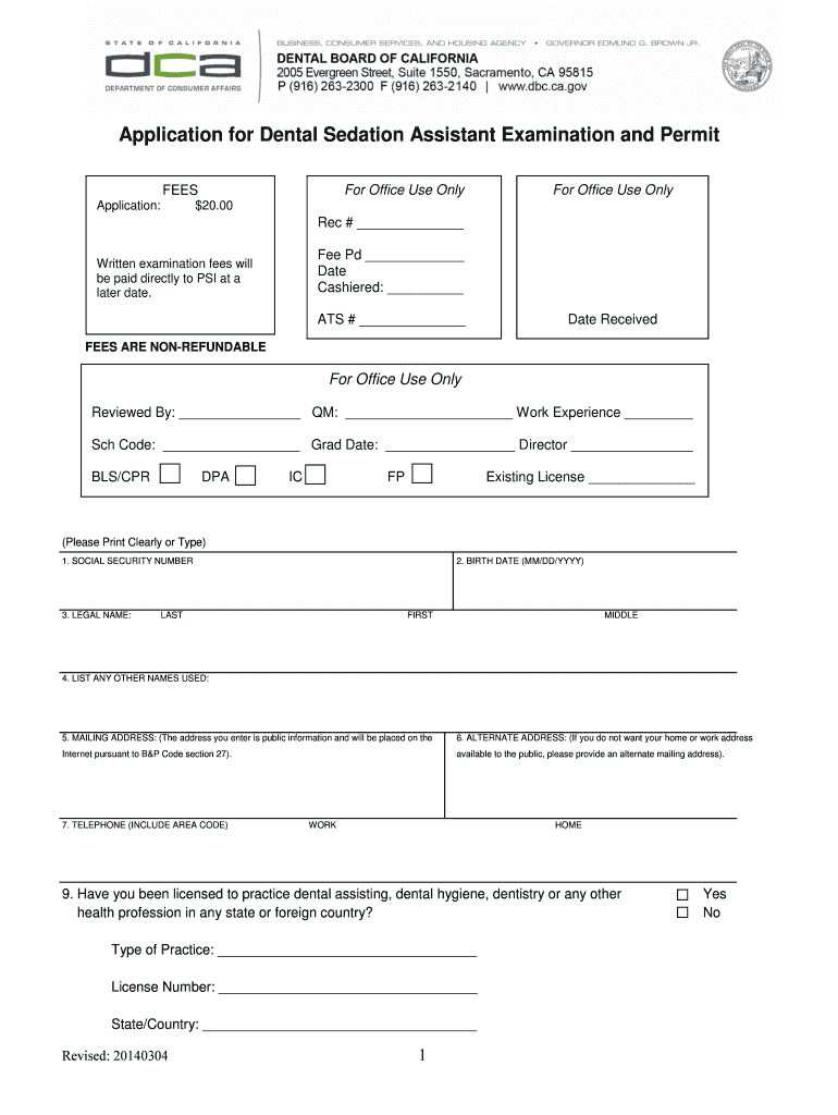 Dental Board of California Dental Sedation Assistant Permit Application Dental Board of California Dental Sedation Assistant Per  Form