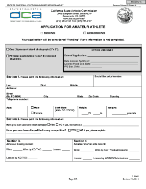 California State Athletic Commission Amateur Athlete Application Dca Ca  Form
