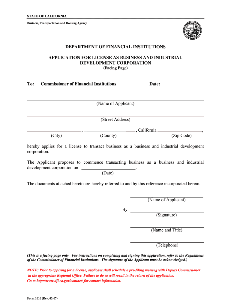 Application for License as Business and Industrial Development Dfi Ca  Form