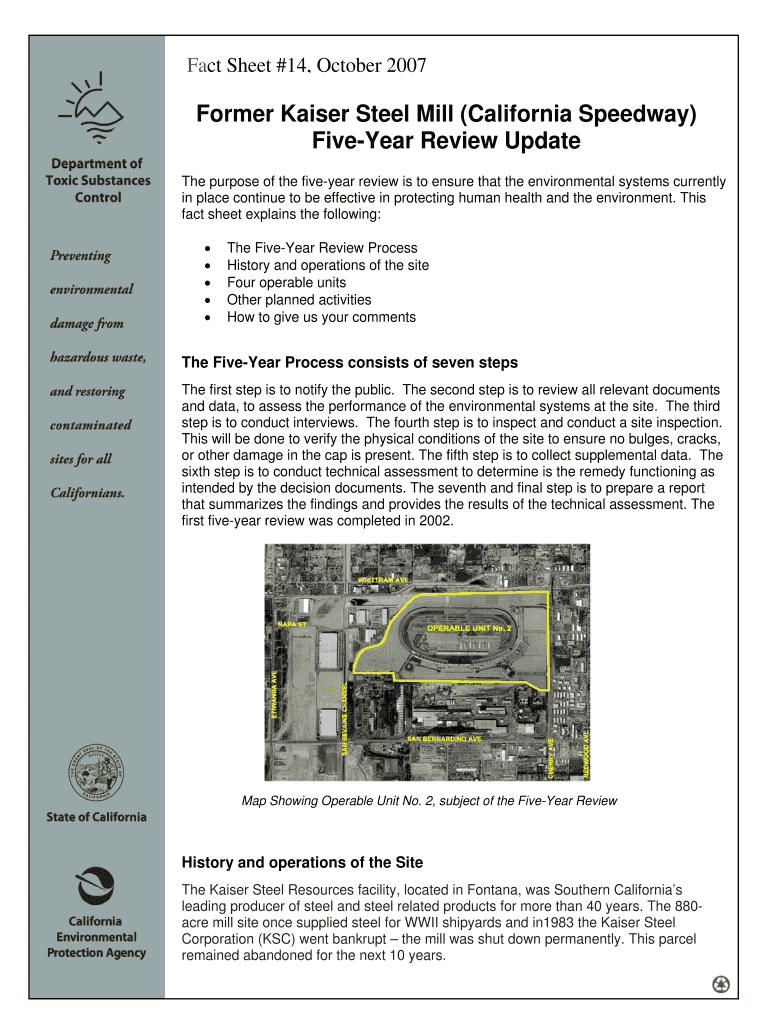 Kaiser Steel Mill California Speedway Fact Sheet Five Year Dtsc Ca  Form