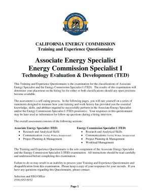 ASSOCIATE ENERGY SPECIALIST Technology Evaluation and Development Examination Announcement  Form