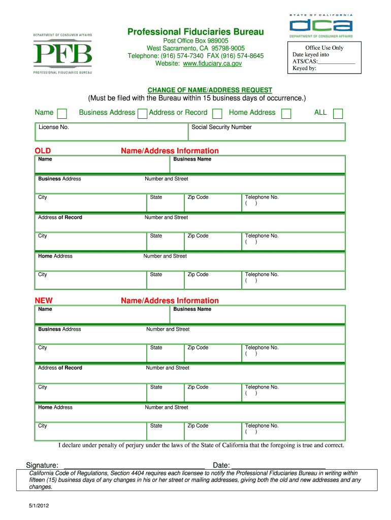 Professcional Fiduciary Bureau Change of NameAddress Request Fiduciary Ca  Form