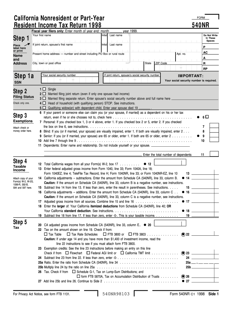  Form 540NR California Nonresident or Part Year Resident Income Tax Return Ftb Ca 2019