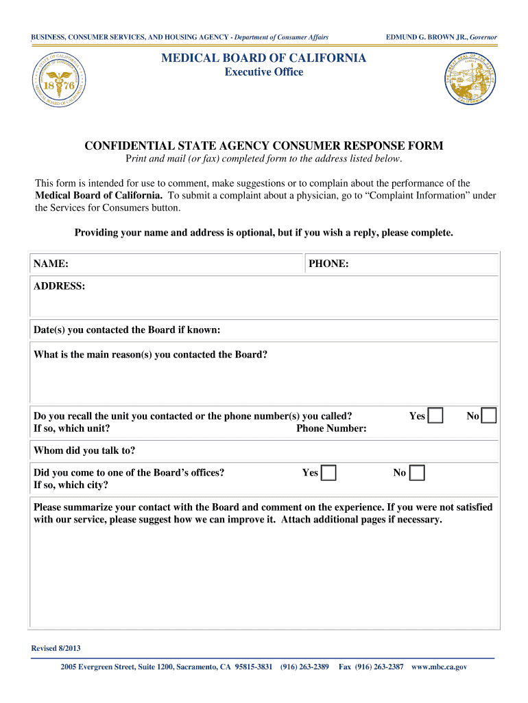 Consumer Response Form the Medical Board of California