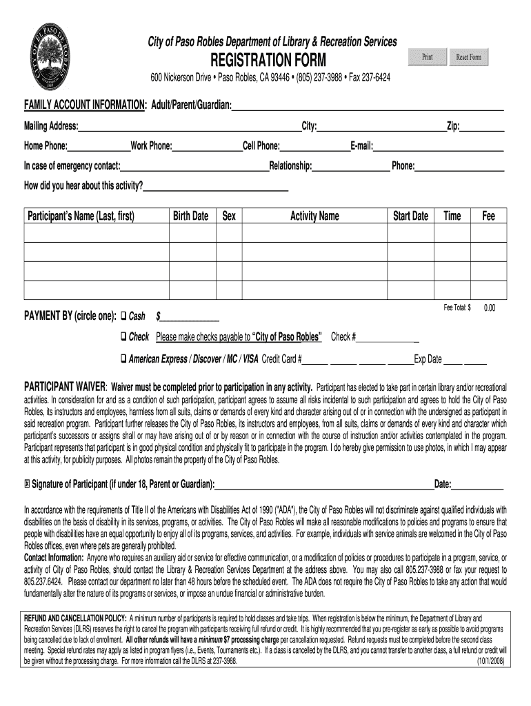 Recreation Activity Registration Form