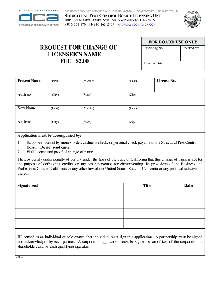 Request for Change of Licensee&#039;s Name Structural Pest Control  Form