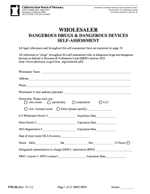 Wholesaler Self Assessment Board of Pharmacy State of California  Form