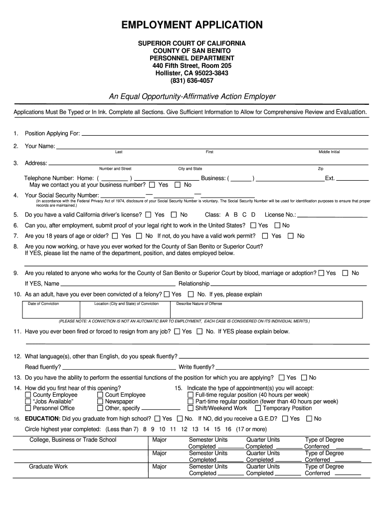 EMPLOYMENT APPLICATION Superior Court, San Benito  Form